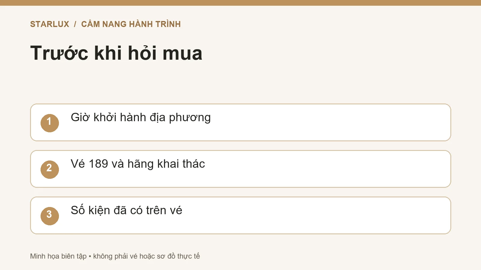 Trước khi hỏi mua: Giờ khởi hành địa phương; Vé 189 và hãng khai thác; Số kiện đã có trên vé