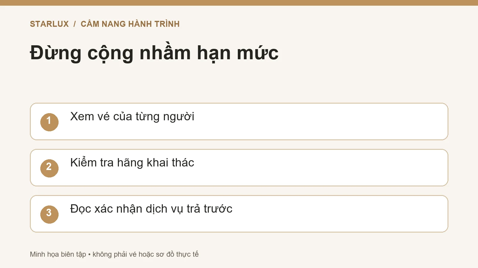 Đừng cộng nhầm hạn mức: Xem vé của từng người; Kiểm tra hãng khai thác; Đọc xác nhận dịch vụ trả trước