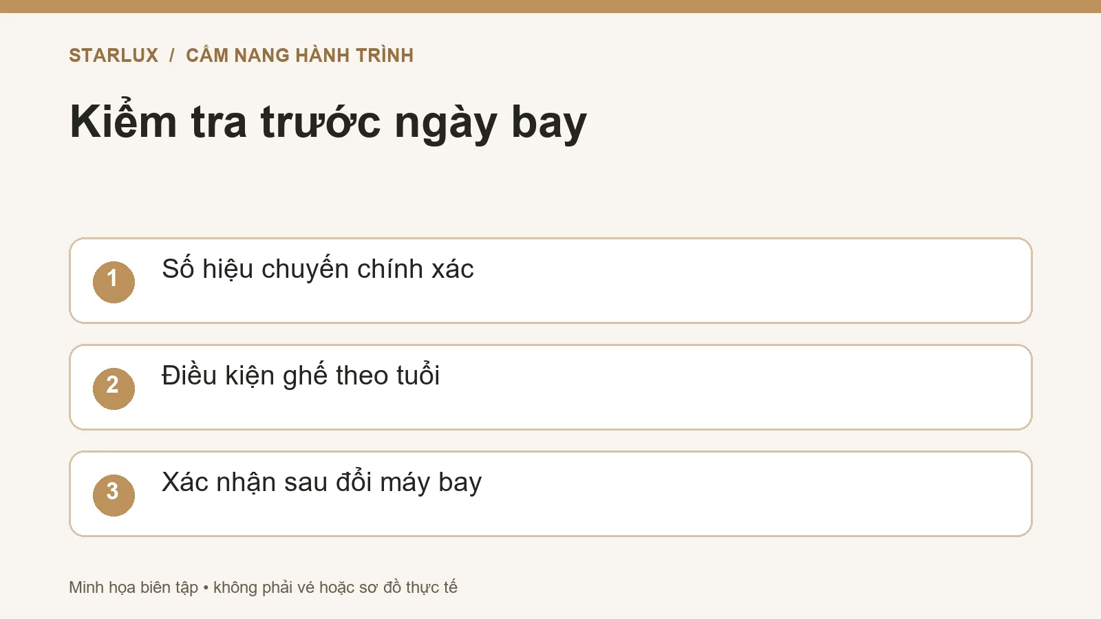 Kiểm tra trước ngày bay: Số hiệu chuyến chính xác; Điều kiện ghế theo tuổi; Xác nhận sau đổi máy bay