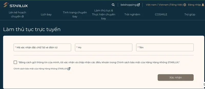 Làm thủ tục trực tuyến trên website STARLUX