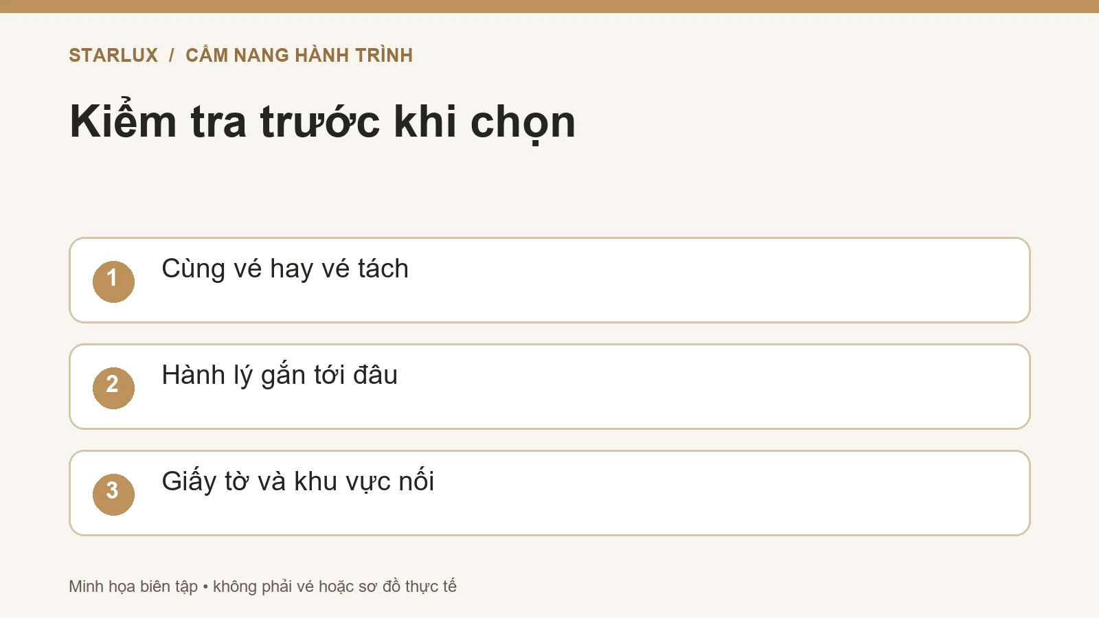 Kiểm tra trước khi chọn: Cùng vé hay vé tách; Hành lý gắn tới đâu; Giấy tờ và khu vực nối