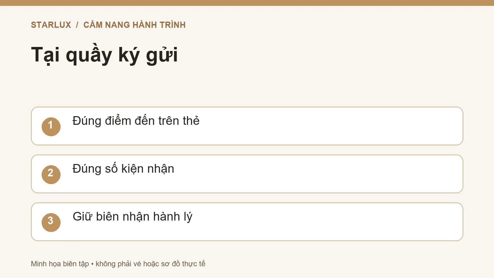 Tại quầy ký gửi: Đúng điểm đến trên thẻ; Đúng số kiện nhận; Giữ biên nhận hành lý
